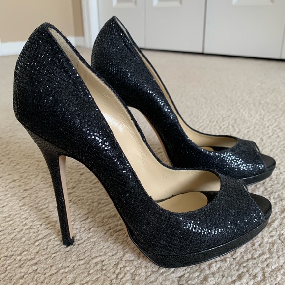 Jimmy Choo Authentic Women’s Black Sparkly “Luna” High Heel Open Toe Pumps - Picture 3 of 10